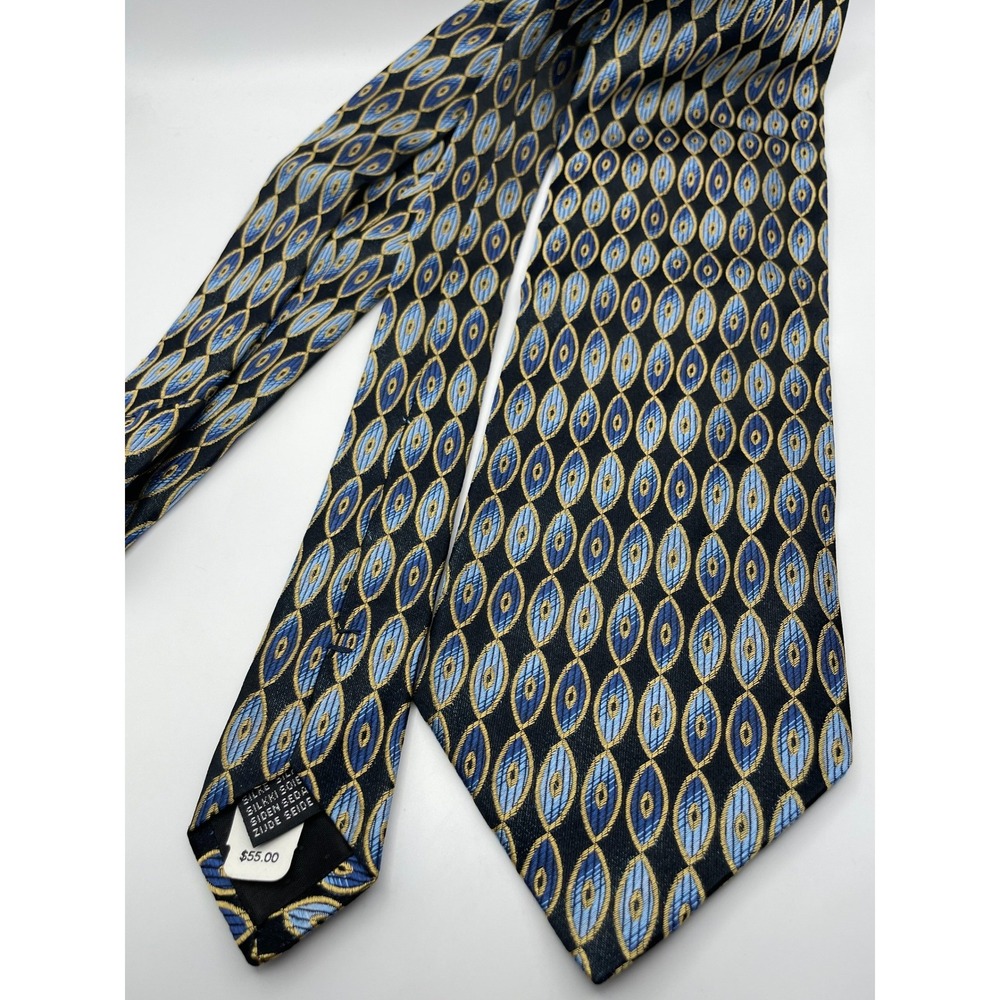 Fratelli Moda Mens Silk Tie Blue Gold Geometric Medallion Made in Italy Black